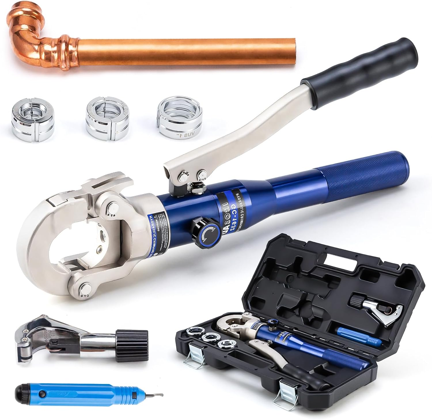 IBOSAD Copper Tube Fittings Hydraulic Pipe Crimping Tool with 1/2",3/4" and 1" Jaw Copper Pipe Press Crimper Pressing Pliers, with Pipe Cutter