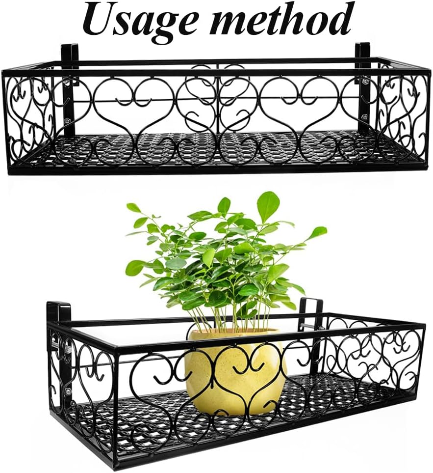 Plant Stand, Metal Hanging Basket, Portable Fence Planter Tray, Small Flower Pot Holder, Flowerpot Holder with Hooks, Storage Rack for Indoor Outdoor Use (Black, 30 * 20 * 11.5 CM) ﻿ image number 3