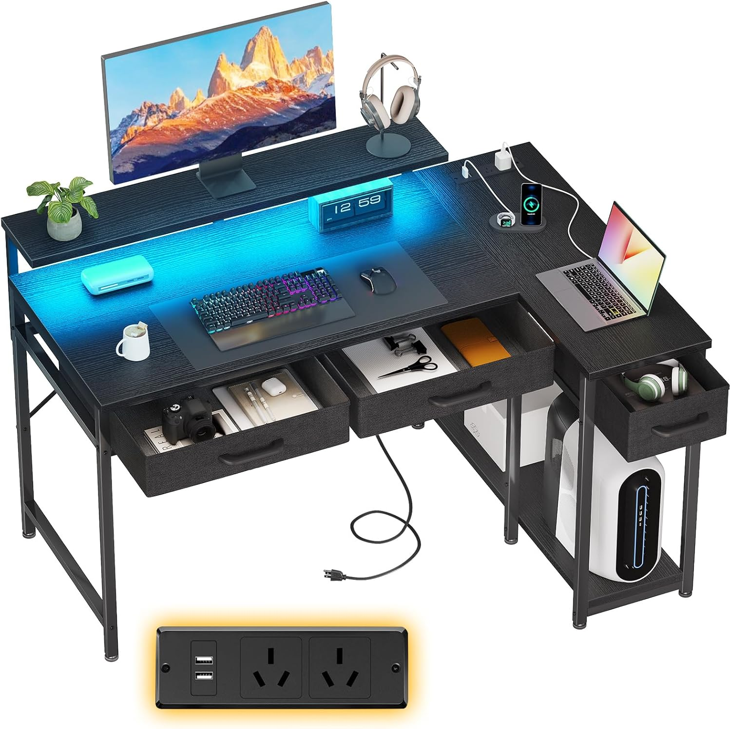 ODK L Shaped Computer Desk with 10 Colour RGB LED Lights&2 AC Outlets, Home Office Desk with Flexible Monitor Stand, Corner Desk with 3 Drawers Reversible Storage Shelves，126 * 80 * 92.7Cm, Black image number 3