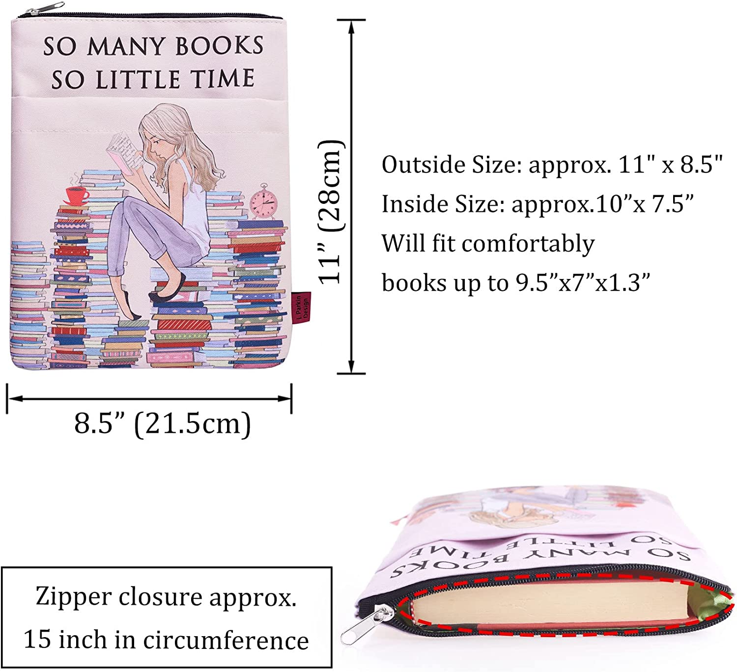 So Many Books so Little Time Book Sleeve with Zipper, Book Covers for Paperbacks, 11 X 8.5 Inch, Bookish Girl image number 6