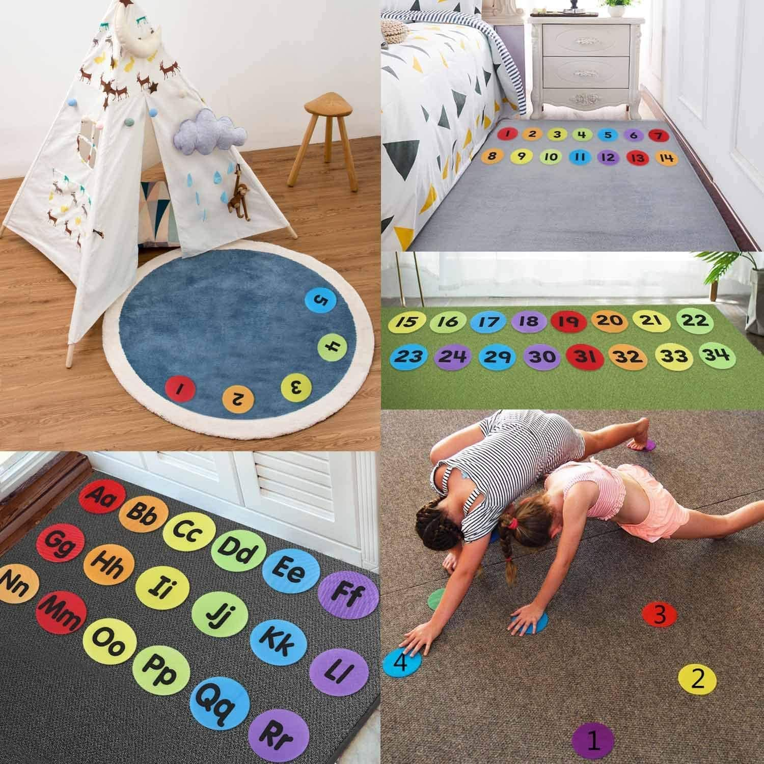 60 Pieces Carpet Spot Sit Markers, 4 Inches Diameter Floor Spots for School,Teachers,Classroom and Kids (1~34 Numbers and A~Z Alphabet)