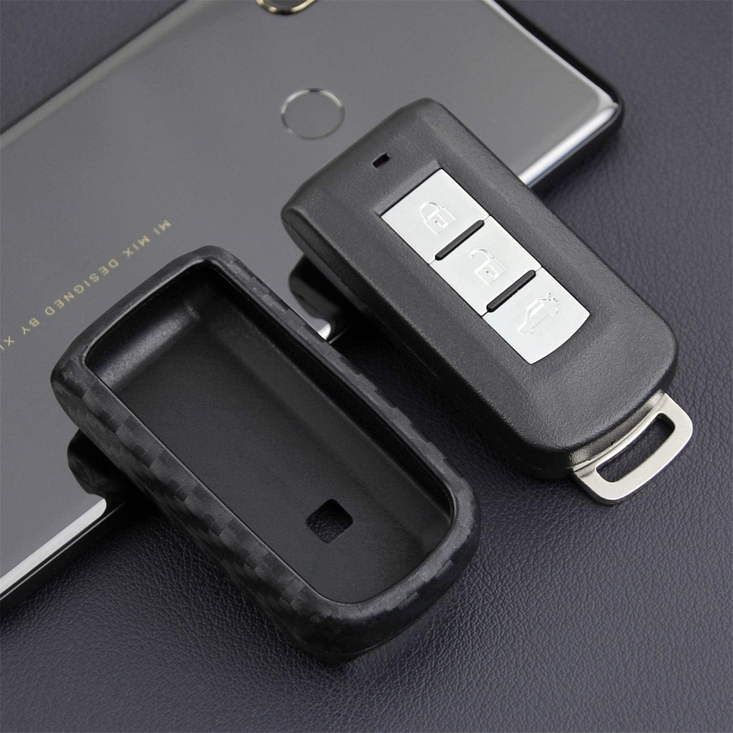 M.Jvisun Soft Silicone Rubber Carbon Fiber Texture Case Key Fob Cover for Mitsubishi ASX Eclipse Cross Fortis Galant Lancer EVO Evolution Mirage Outlander RVR Car Key Shell - Black - round Keychain image number 1