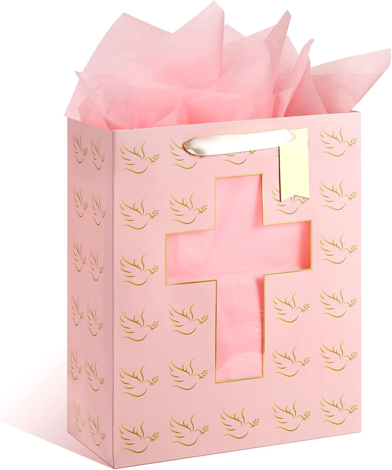 Sawnfay Pink Gift Bag - 25.3 X 12.7 X 33Cm, Baptism Gifts for Baby Girl, Christening, First Communion, Religious Events, with Cross Cut Window Design and Tissue Paper image number 3