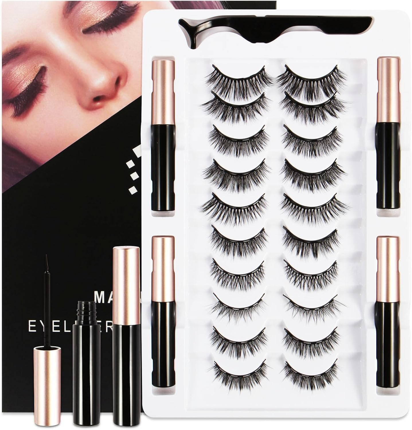 Magnetic Lashes with Applicator & Magnetic Eyeliner Kit - FEITA Reusable 3D 5D Magnetic Eyelashes Pack with 1 Tweezers & Upgraded 4 Tubes Magnetic Eyeliner, No Glue (15 Packs) image number 6