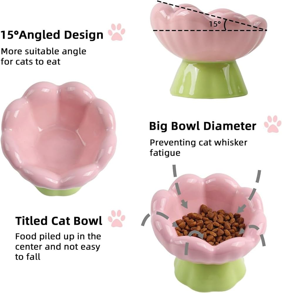 HYAVIA Ceramic Raised Cat Bowl &ndash; Pink Tulip Elevated Cat Dish, 13.5 CM Tall & Tilted, Whisker Friendly, Anti-Vomiting Pet Bowl for Small Indoor Cats & Dogs &ndash; Non-Slip, Cute Flower Design image number 5