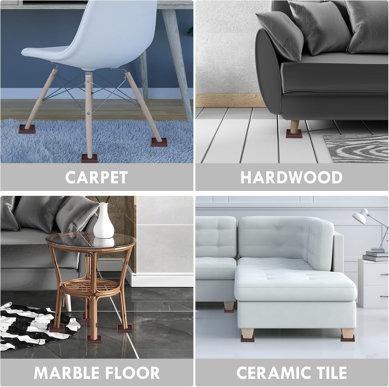 Non-Slip Rubber Caster Cups - Anti-Skid Furniture Pads for Bed, Couch, Table & Chair - Furniture Grippers & Floor Protectors - 4 Pack, Black