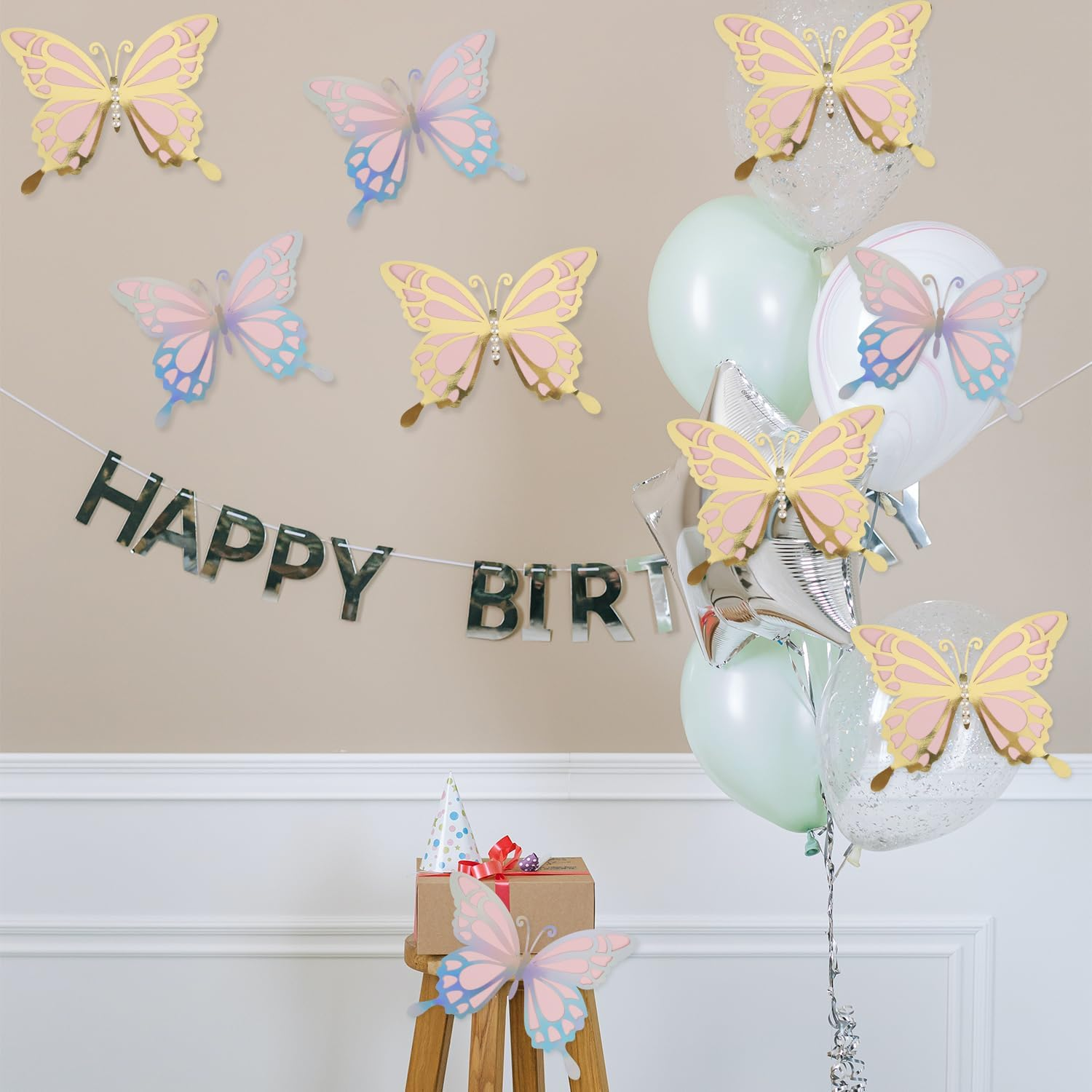 12Pcs Large 3D Butterfly Decorations, 3D Butterfly Wall Decoration with 50Pcs Pearl Stickers Giant Butterfly Wall Decor for Birthday Baby Shower Wedding image number 3