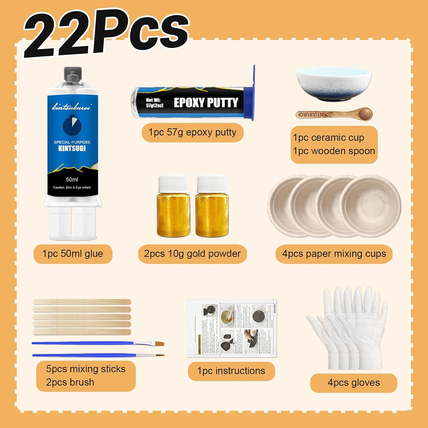 Kintsugi Repair Kit with Practice Cup, Japanese Gold Repair Kit, for Ceramics and Porcelain Restore, Beginner Fix Broken Pottery Set, Handmade Gifts image number 1