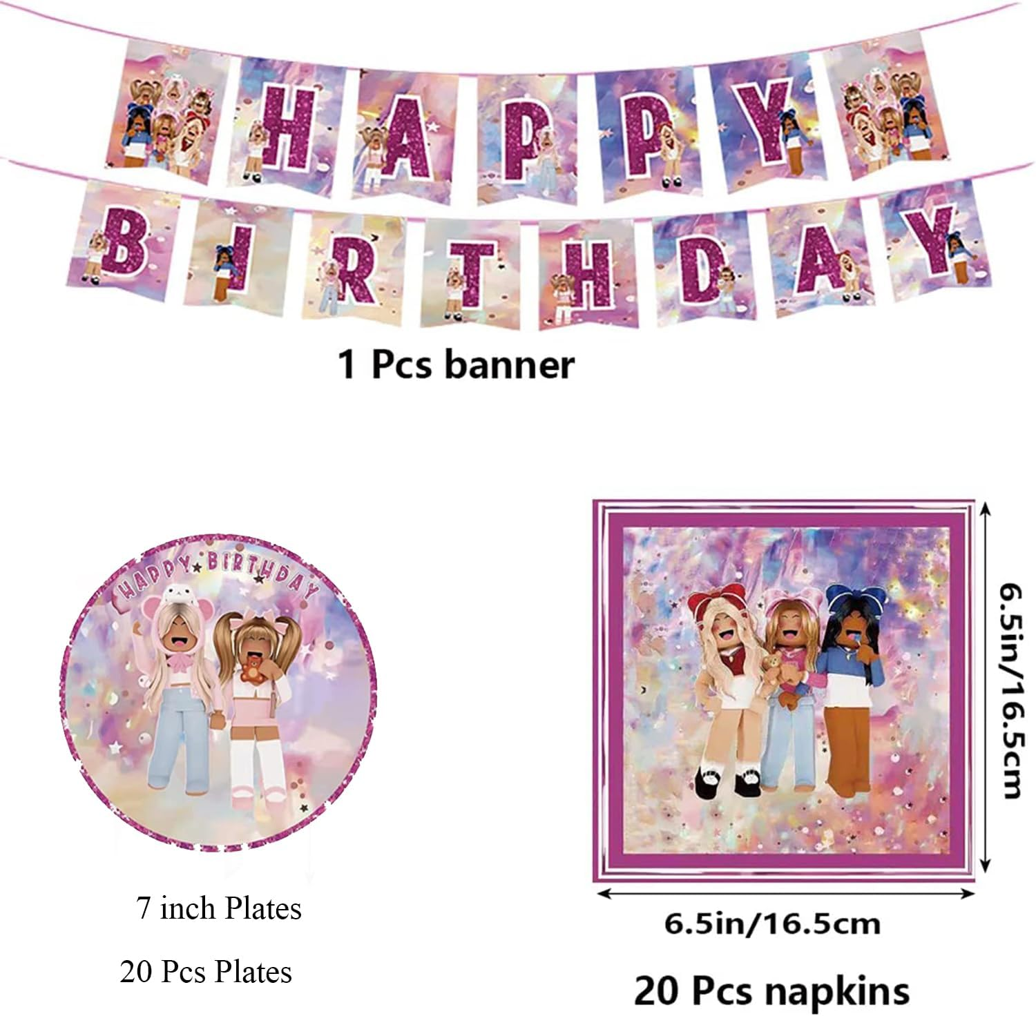 Robot Girls Party Birthday Supplies, Girls Game Theme Party Tableware with Happy Birthday Banner, Tablecloth, Disposable 7" Paper Plates with Napkins for Fans Party Supplies Decorations