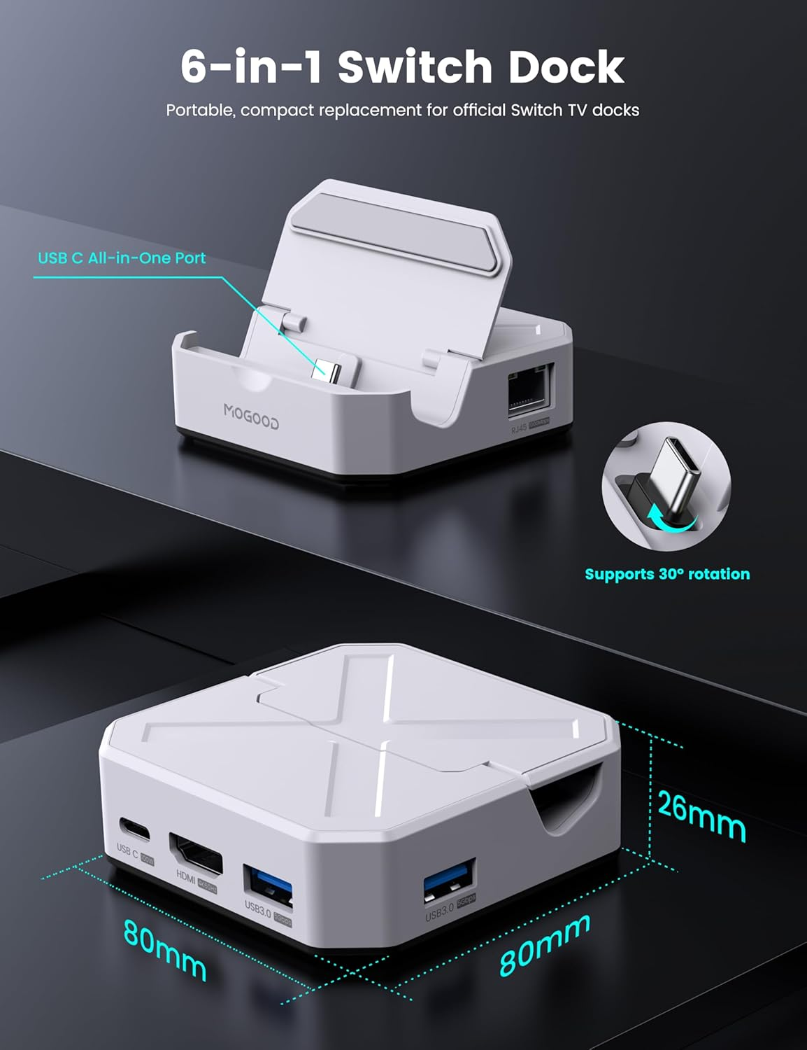 MOGOOD Docking Station for Steam Deck, Switch Dock for Switch, Portable Docking Station for TV with 4K@60Hz HDMI/USB 3.0/ USB-C Charging Ports, Dark Gray image number 6