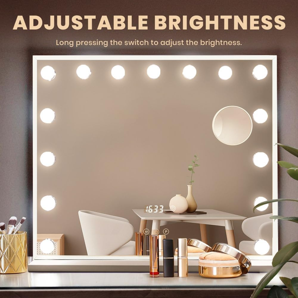 Simplus Vanity Makeup Mirror with Lights Hollywood LED Mirrors Stand, Smart Touch Control Screen and Time Display, 15 Dimmable LED Lights Stable Base White, 60X52Cm image number 6