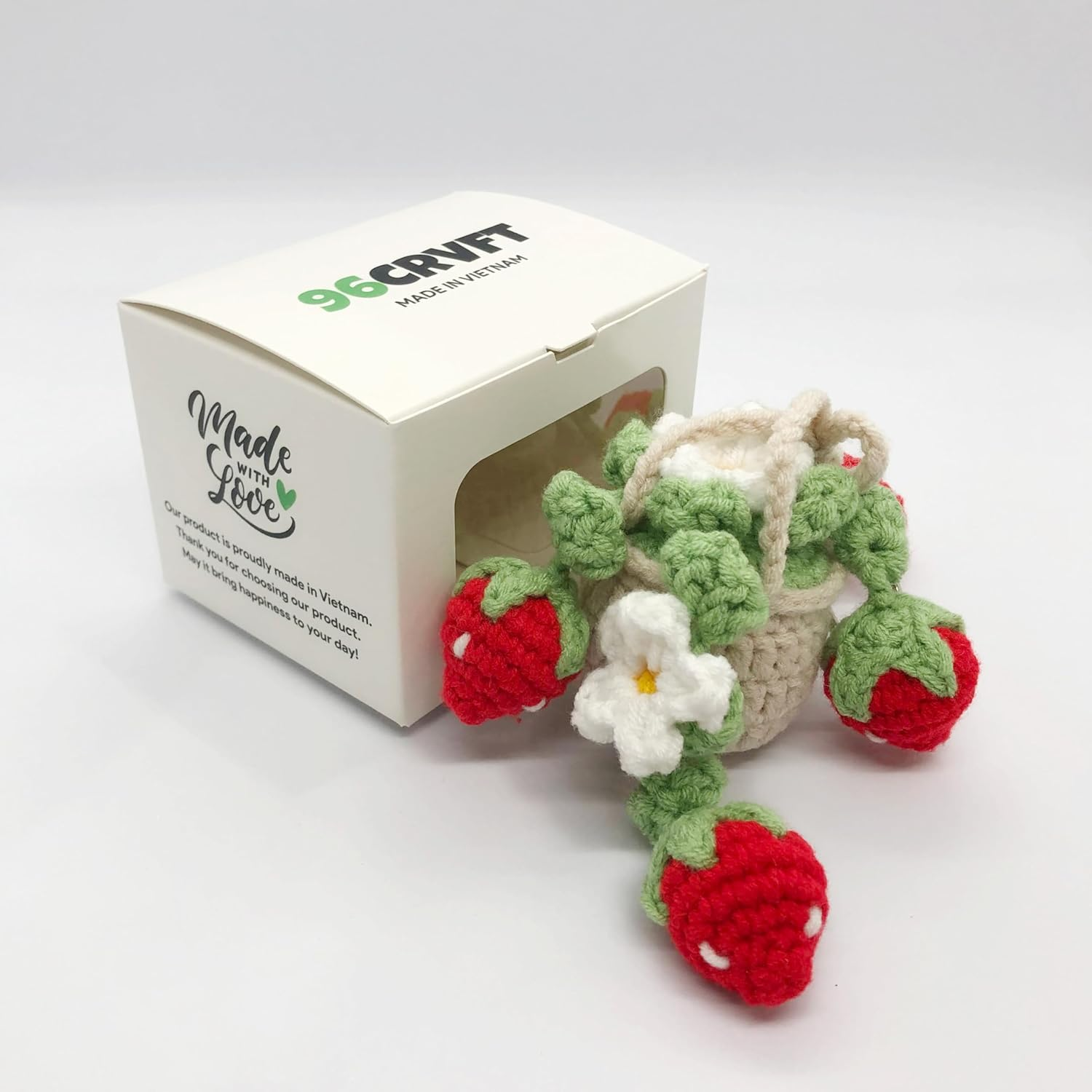 Cute Crochet Daisy Strawberry Hanging Plant for Car Accessories, Aesthetic Decor Rear View Mirror Hanging Ornament for Women and Men, Handmade Cute Car Interior Decor Accessories Gift - Pine image number 4