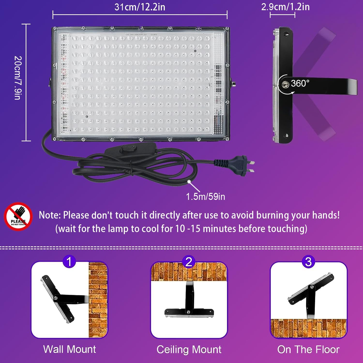 150W Black Light, 2 Pack LED Black Lights with Plug and Switch, IP65 Waterproof LED UV Light Flood Light Glow in the Dark Party, for Halloween, Fluorescent Poster, Body Paint, Stage, Aquarium image number 2