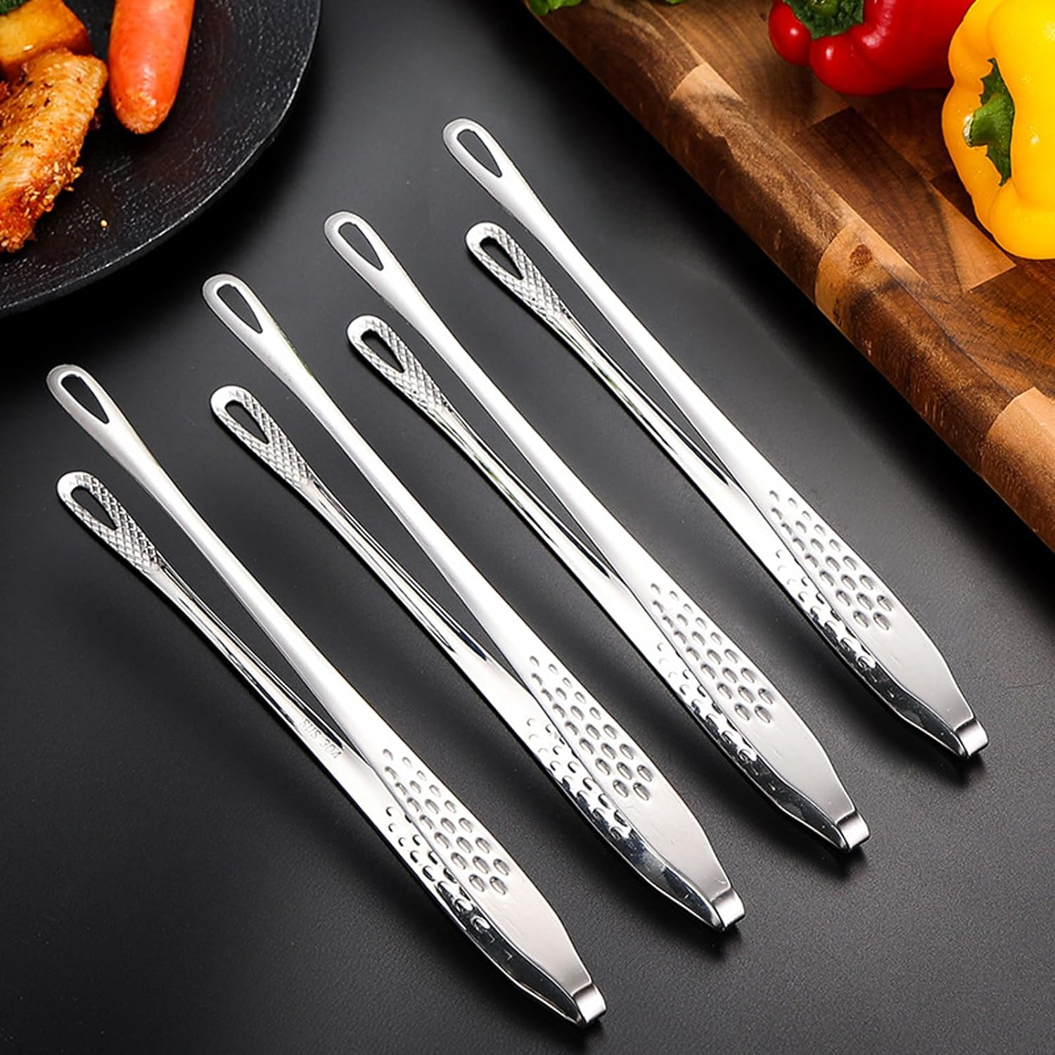 NASHRIO Stainless Steel Grill Tongs 4-Pack: Korean and Japanese Barbecue Tongs, Kitchen Food Tweezers, Cooking Clamp (11Inch/28Cm) image number 2