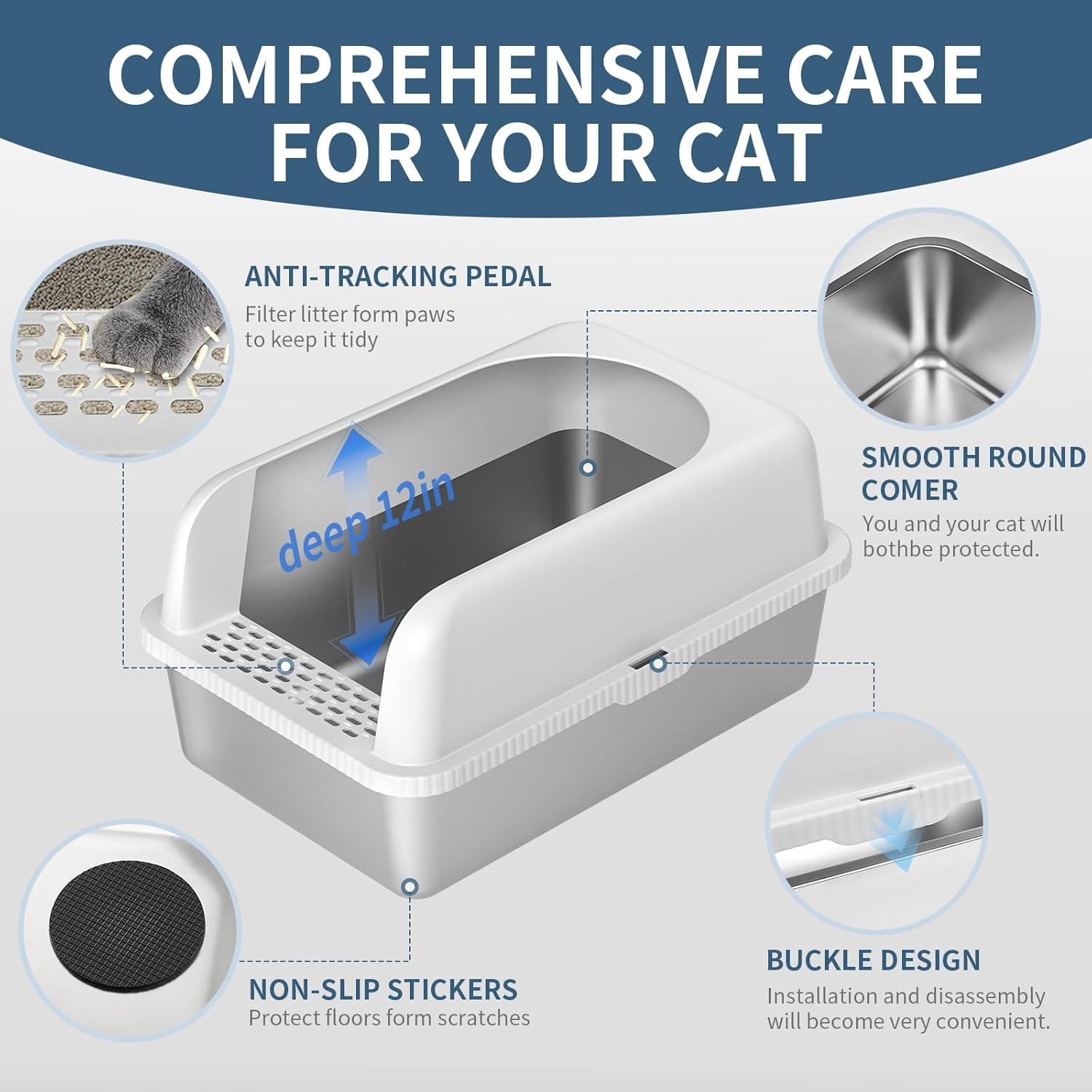 Open Top Cat Litter Box, Stainless Steel XL Metal Litter Box for Big Cats with High Wall Slides Enclosure, anti High-Peeing Spraying, Anti-Leakage Non-Sticky Easy to Clean, for Big & Multiple Cats image number 3