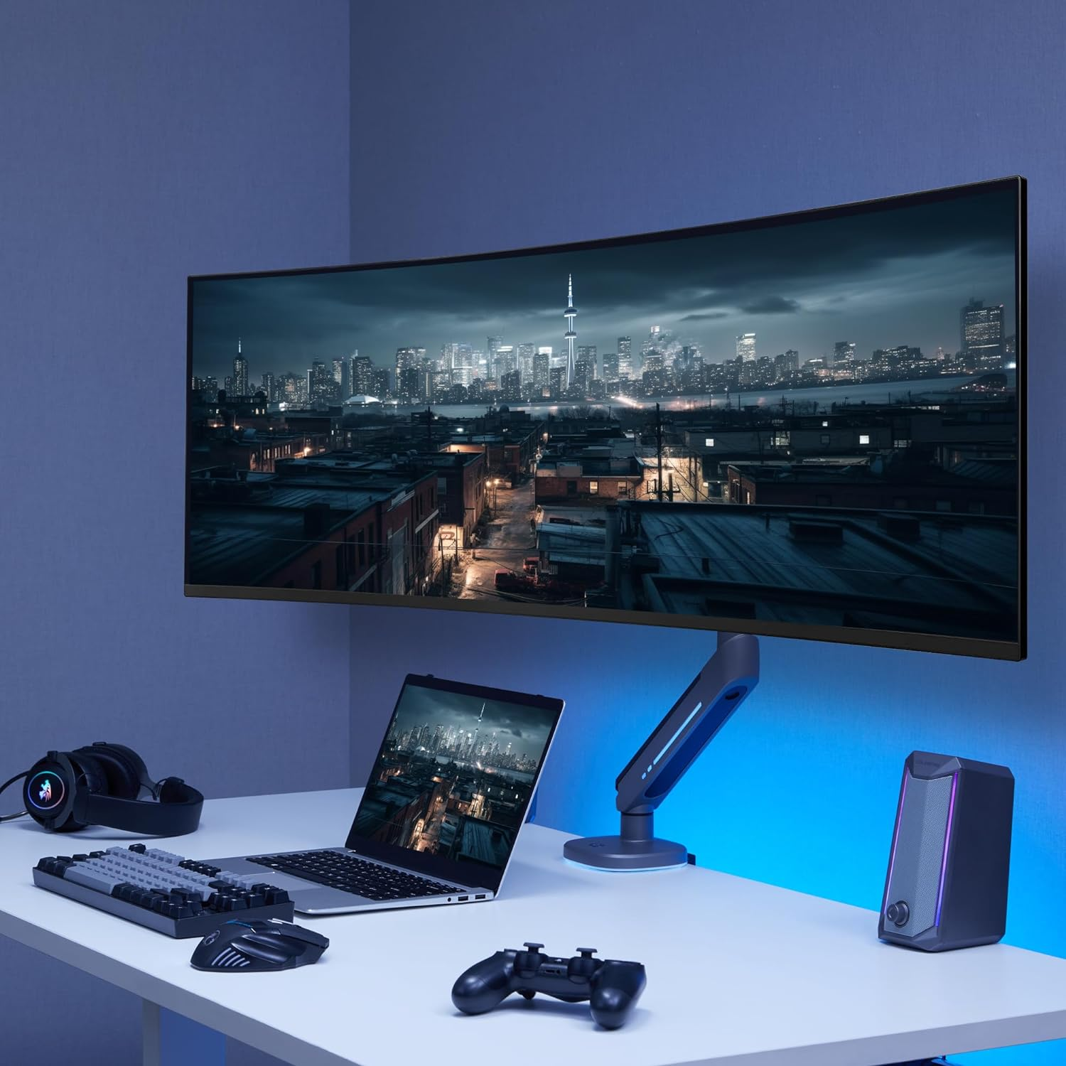 AVLT Single RGB Gaming Monitor Arm Desk Mount, Fits 27&rdquo;-45&rdquo; Monitors, 20 Lighting Modes with Touch Control, Adjustable Height, Swivel Tilt Rotation - Dark Gray image number 1