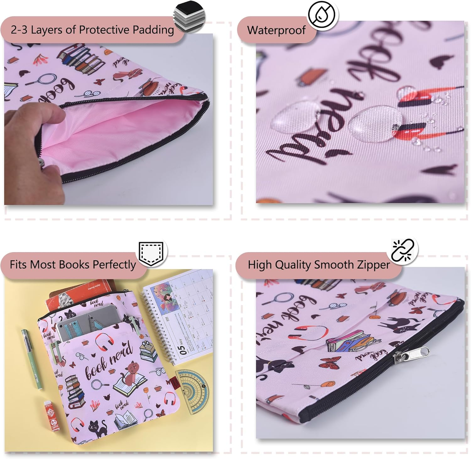 Book Sleeve for Book Lovers, Book Nerd Book Protector, Book Covers for Paperbacks, Washable Fabric, Book Sleeves with Zipper, Medium 11 Inch X 8.7 Inch