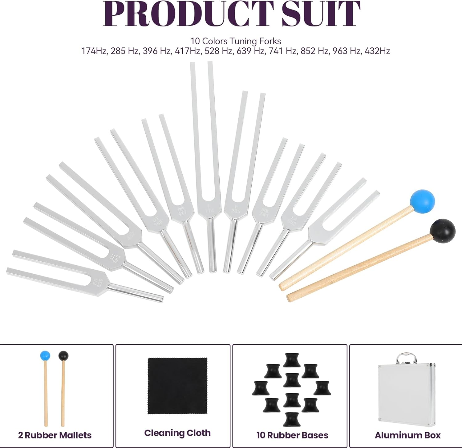 Solfeggio Tuning Forks for Healing, 10 Pcs Silver Unweighted Tuning Forks, Aluminum Alloy Material Tuning Fork Set with Exquisite Aluminum Box, Sound Healing Instruments for DNA Healing image number 4