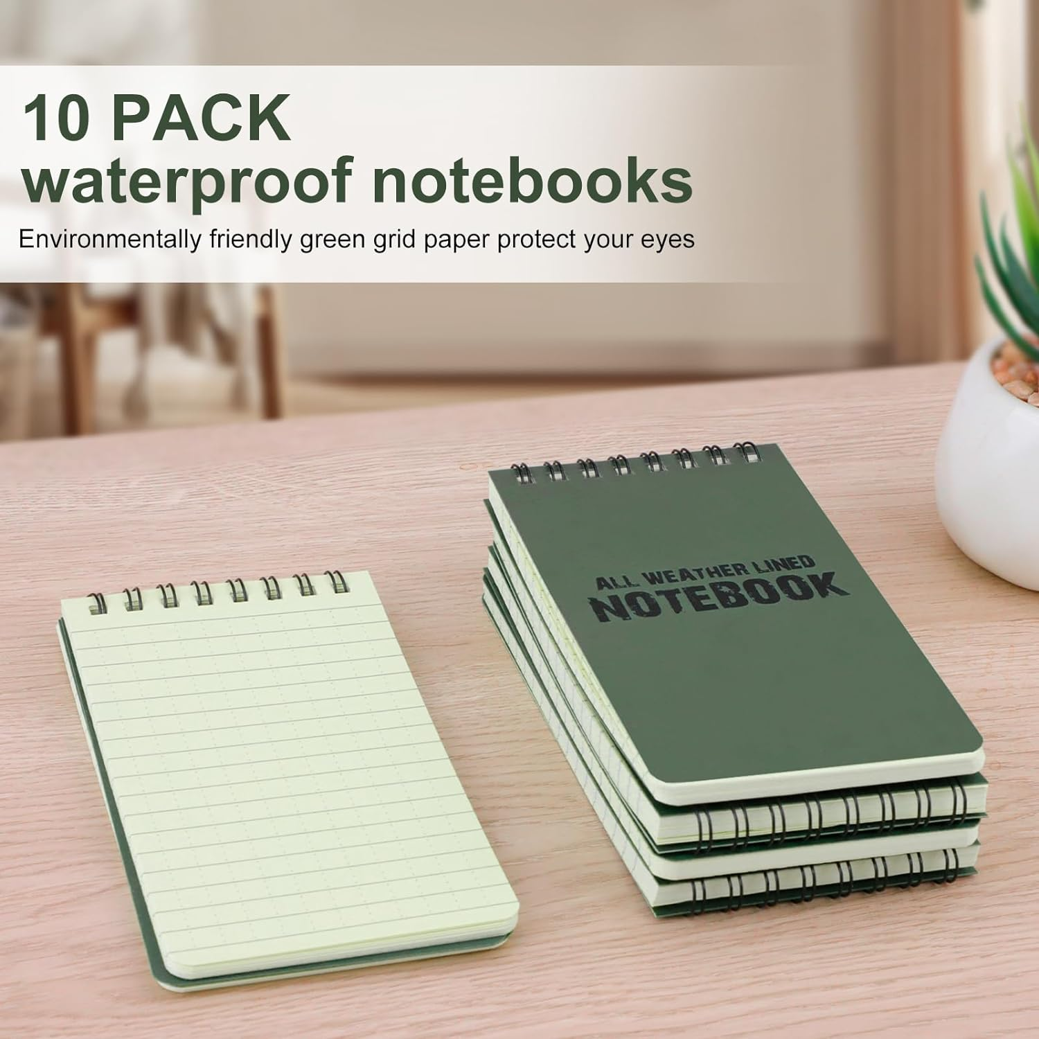 RETON 10 Pack Waterproof Notebook, 3 X 5 Inches Pocket Notepad, All-Weather Memo Pads with Top-Spiral, Tactical Steno Pads with Grid for Outdoor Activity Recording (Army Green) image number 2