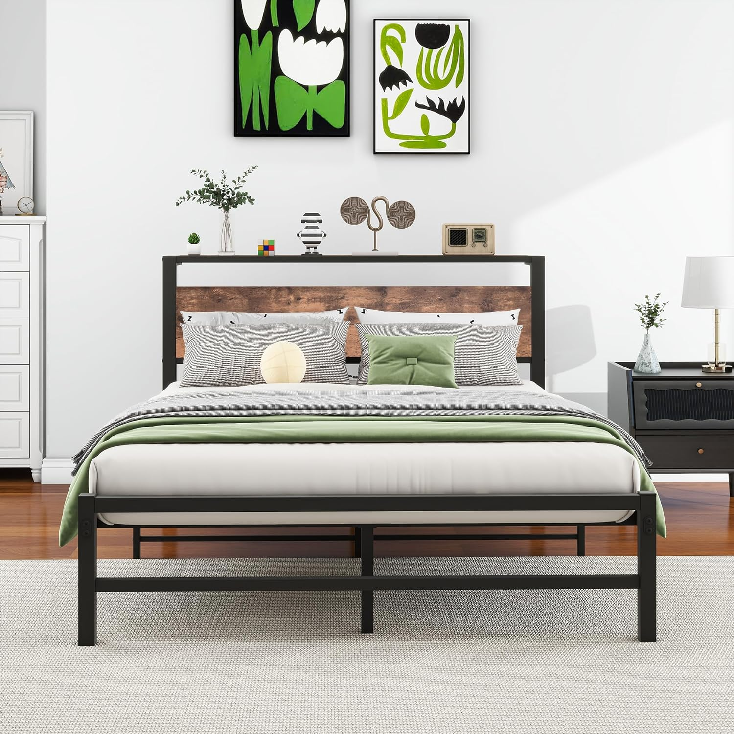 Double Size Metal Platform Bed Frame with Storage Headboard, Bed Frame Double Size No Box Spring Needed, Sturdy Steel Slat, Easy Assembly, Non-Slip Noise Free image number 4
