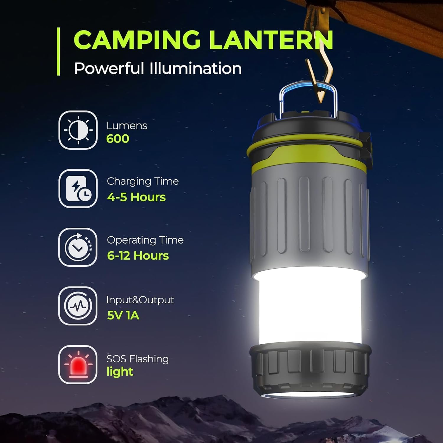 Quntis Camping Lantern Rechargeable, 600 Lumen Telescoping Camping Light, Dimmable 3 Modes with 3200Mah Battery Capacity Tent Lights, Magnetic Base & Foldable Hook for Outdoor, Hiking, Emergency Use image number 1