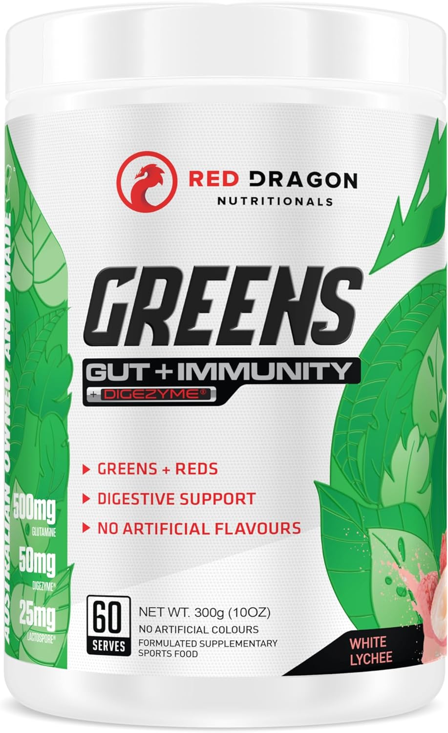 Red Dragon Nutritionals Greens Gut + Immunity Powder 300 G, White Lychee image number 2