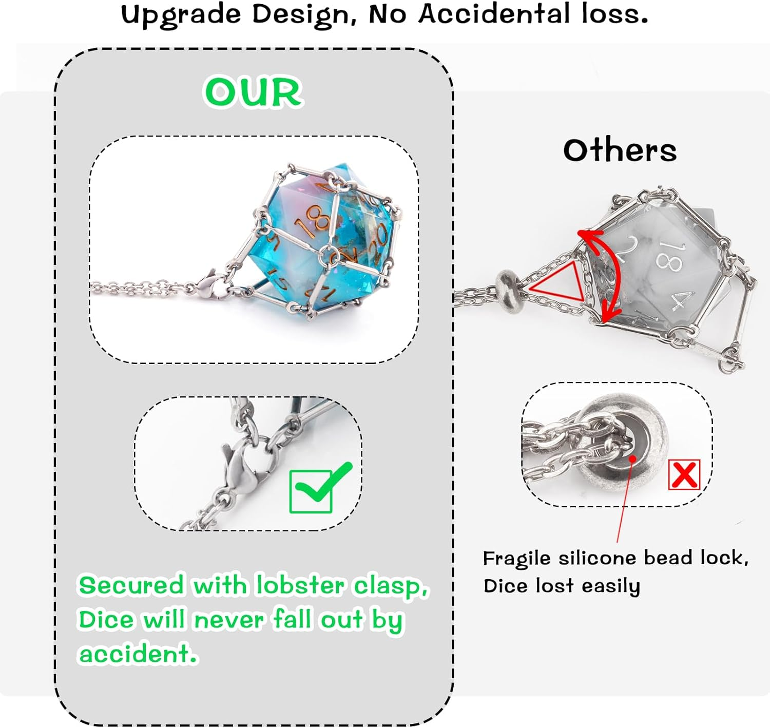 PJOY DND Dice with Necklace Cage Interchangeable D20 for Dungeons and Dragons Gamers - Stainless Steel Gifts