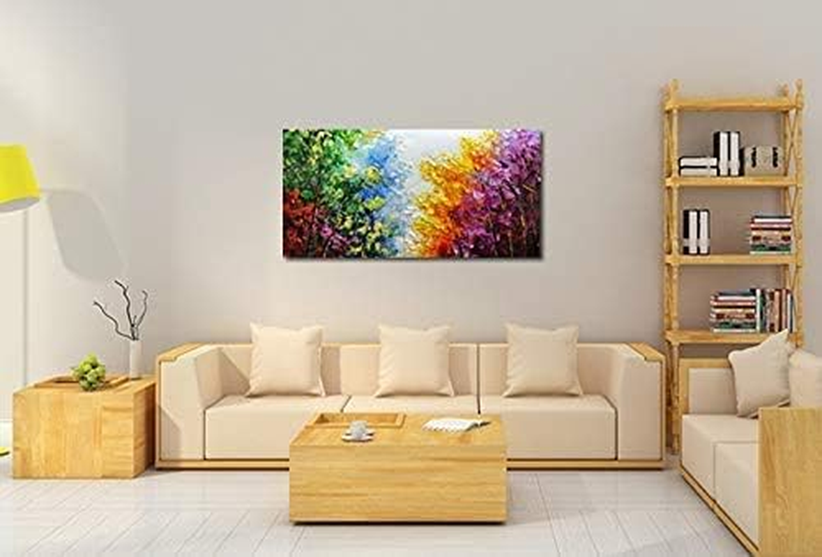 Framed Oil Painting,Hand Painted Modern Abstract Textured Big Wall Paintings,Can Be Hung Home Decoration Large Canvas Wall Art,Colorful Forest (100 X 50 Cm) image number 1