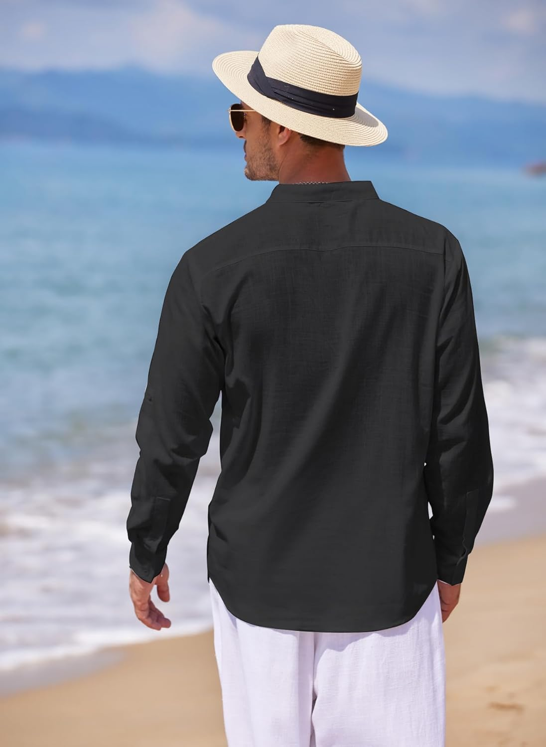 Coofandy Men'S Cotton Linen Henley Shirt Long Sleeve Hippie Casual Beach T Shirts Army Green image number 4