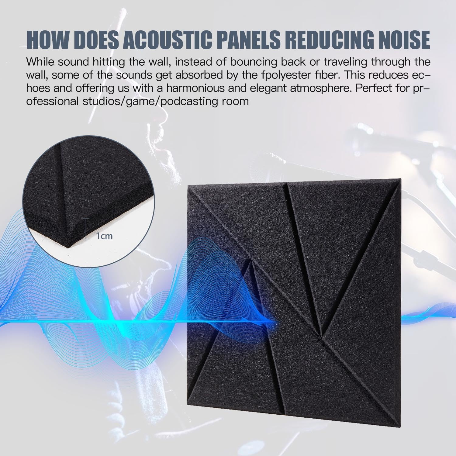 12 Pack Acoustic Panel, 12X12X0.47 Inch High Density 230Kg/M&sup3; Sound Absorbing Panels with Self-Adhesive, Sound Proof for Acoustic Wall Panels (30X30X1Cm)-Black image number 2