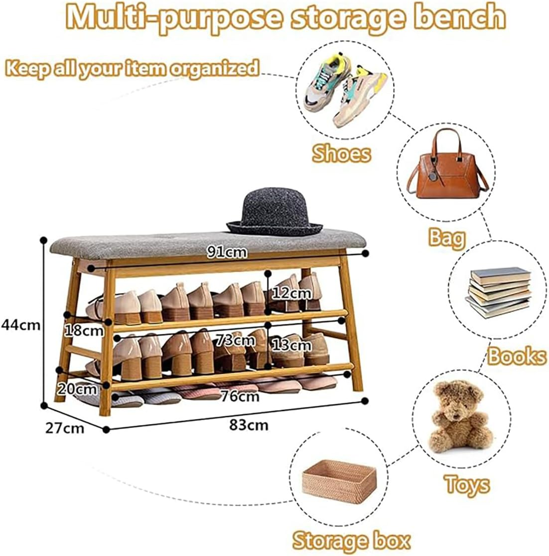 Bamboo Shoes Bench Seat Shoe Rack 2 Tier Storage Stool Rack with Hidden Storage Compartment for Entryway Hallway Bedroom Living Room Shoes Shop (91 * 27 * 44Cm) image number 4