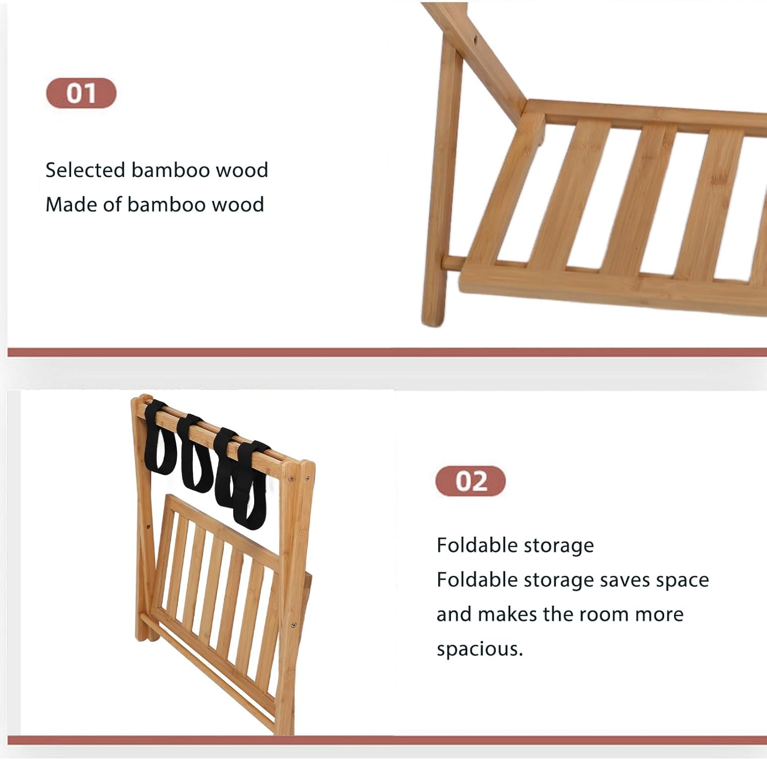 Foldable Luggage Rack, Bamboo Folding Luggage Rack with Lower Storage Shelf, 4 Heavy Duty Straps Folding Suitcase Stand, Ideal for Bedroom, Hotel image number 1