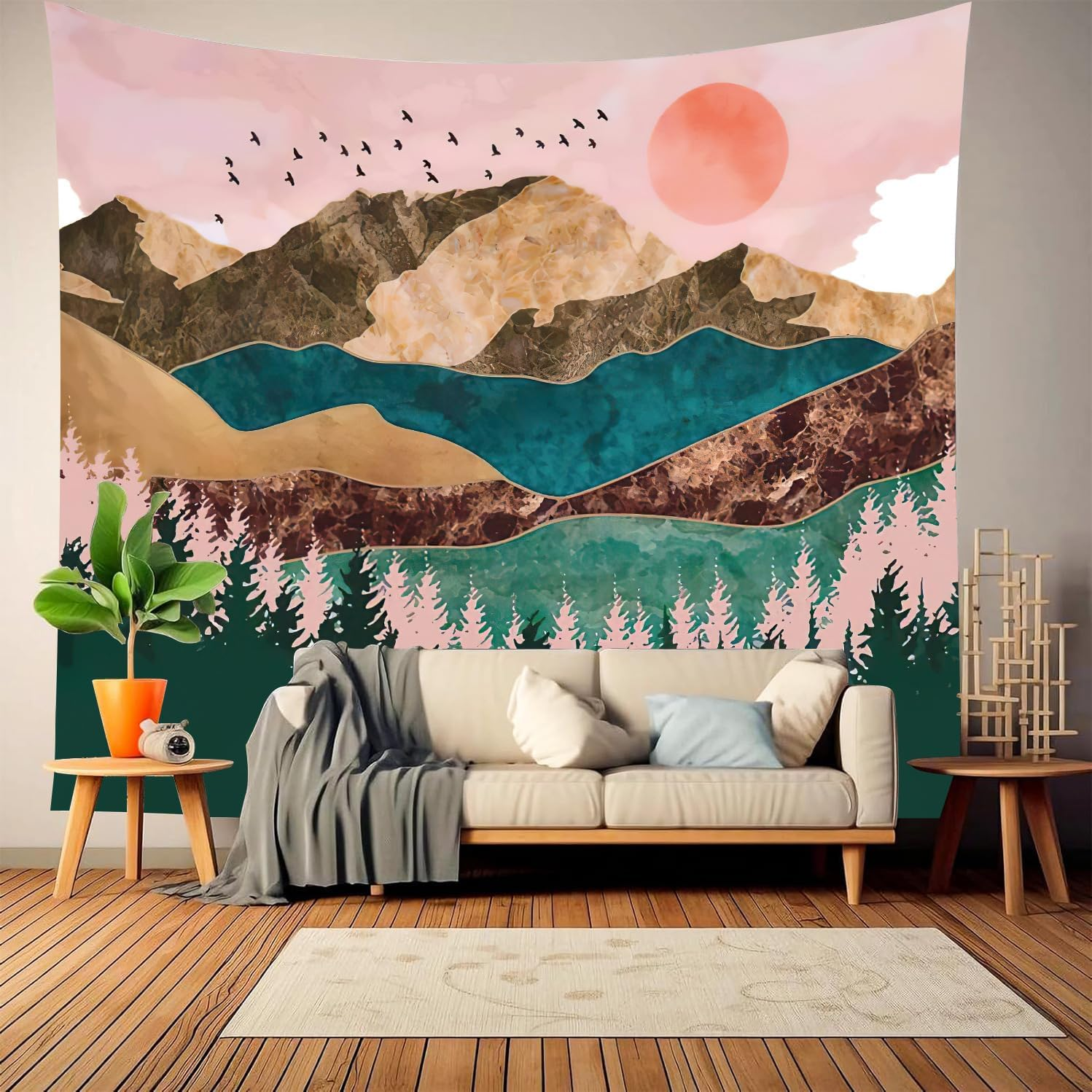 Mountain Tapestry &ndash; 200X150Cm Boho Wall Hanging with Sunrise, Forest, Birds & Pink Sky &ndash; Abstract Nature Landscape Art for Bedroom, Meditation, Living Room &ndash; Steadyink&reg; image number 6