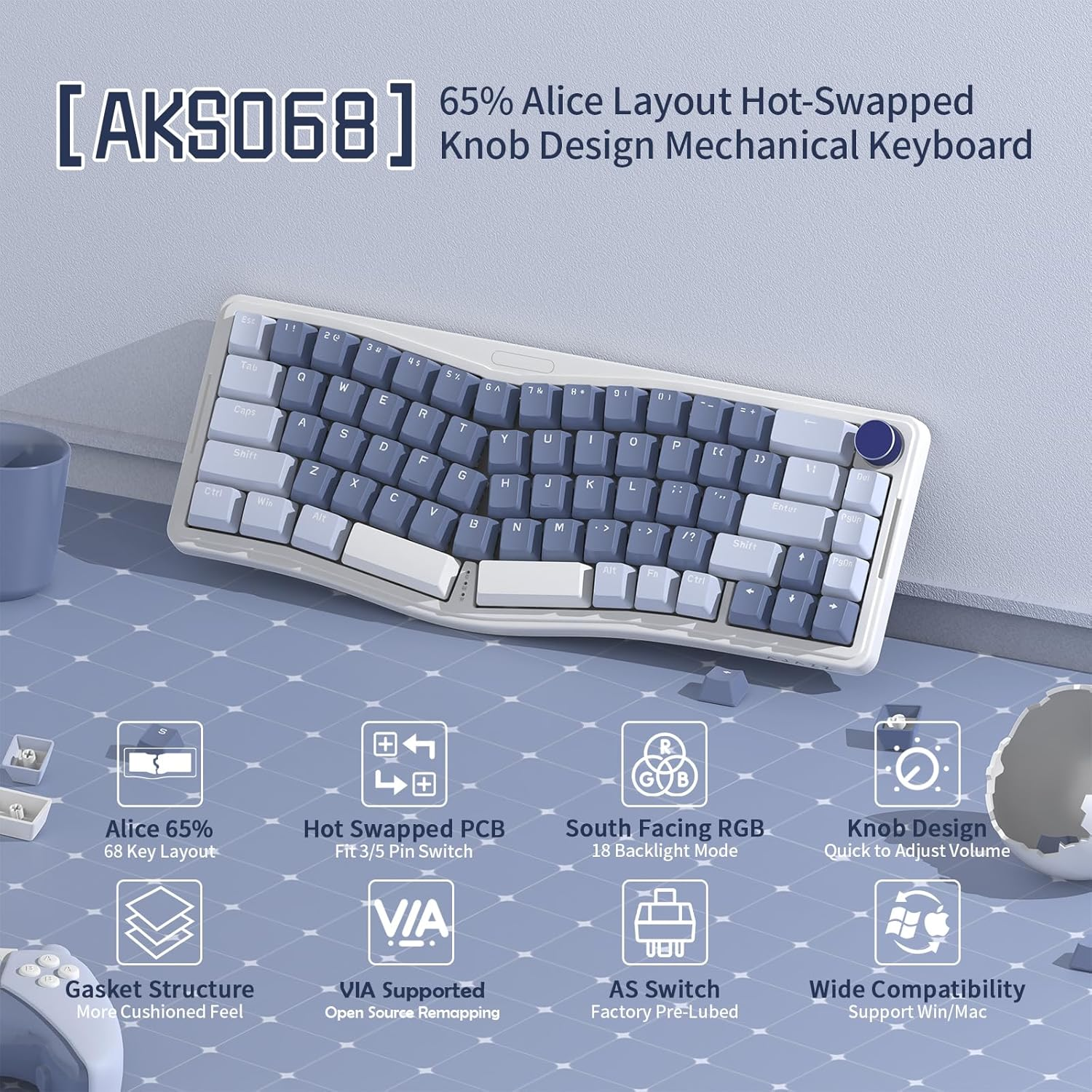 ATTACK SHARK AKS068 Wired Mechanical Gaming Keyboard 65% Alice Layout Hot-Swapped Gasket Mount with RGB Backlit via Programmable Knob NKRO TKL as Pre-Lubed Linear Red Switch for Win/Mac(Blue) image number 4