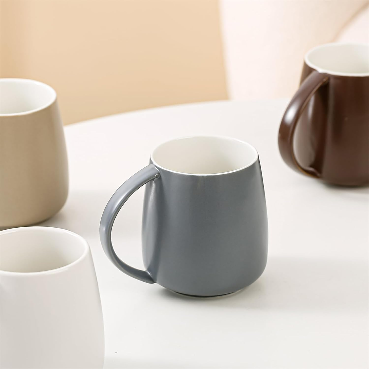 Classic Large Capacity Ceramic Belly Coffee Mugs 400Ml 14Oz Nordic Matte Finished Water Breakfast Toothbrush Egg Shaped Cup with Handle for Home Office Men Women (Gray) - Light Brown image number 2