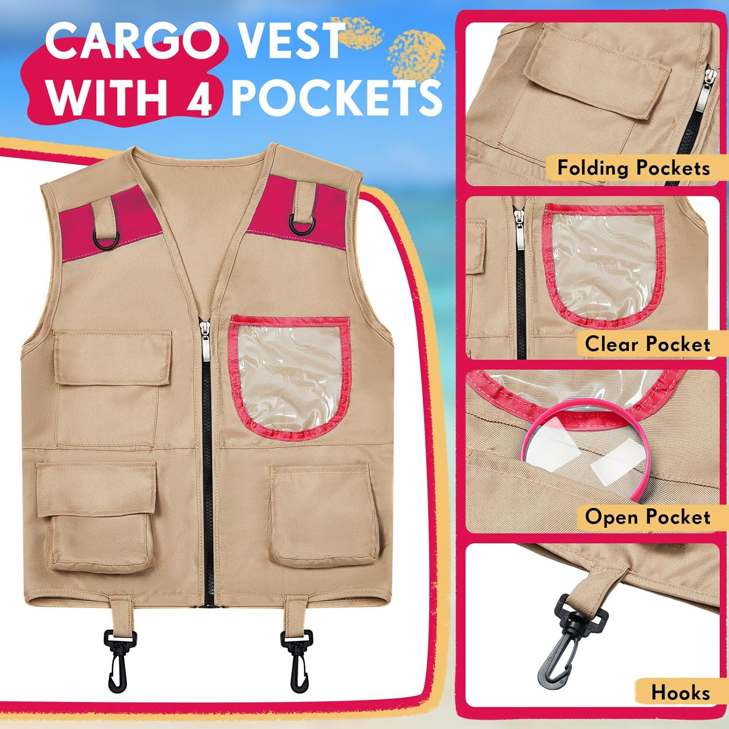 Ramede Kids Explorer Vest and Hat Costume Safari Cargo Vest Outdoor Adventure Camping Vest for Kids Boy Girls Outfit image number 2