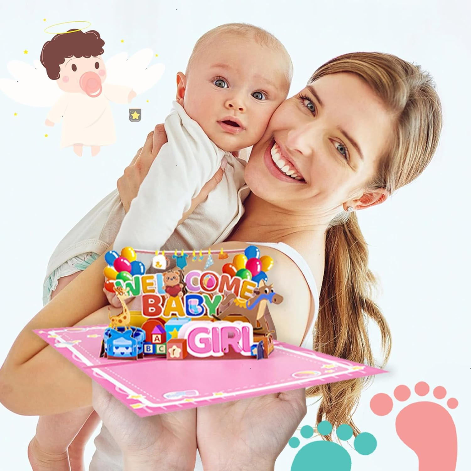 New Baby Girl Card - "Welcome Baby Girl" 3D Pop-Up Shower Card with Gifts & Animals, Pink Gender Reveal Greeting Card for Newborn - Includes Blessing Tag & Envelope (7.87"X5.91") - Baby Blue image number 6