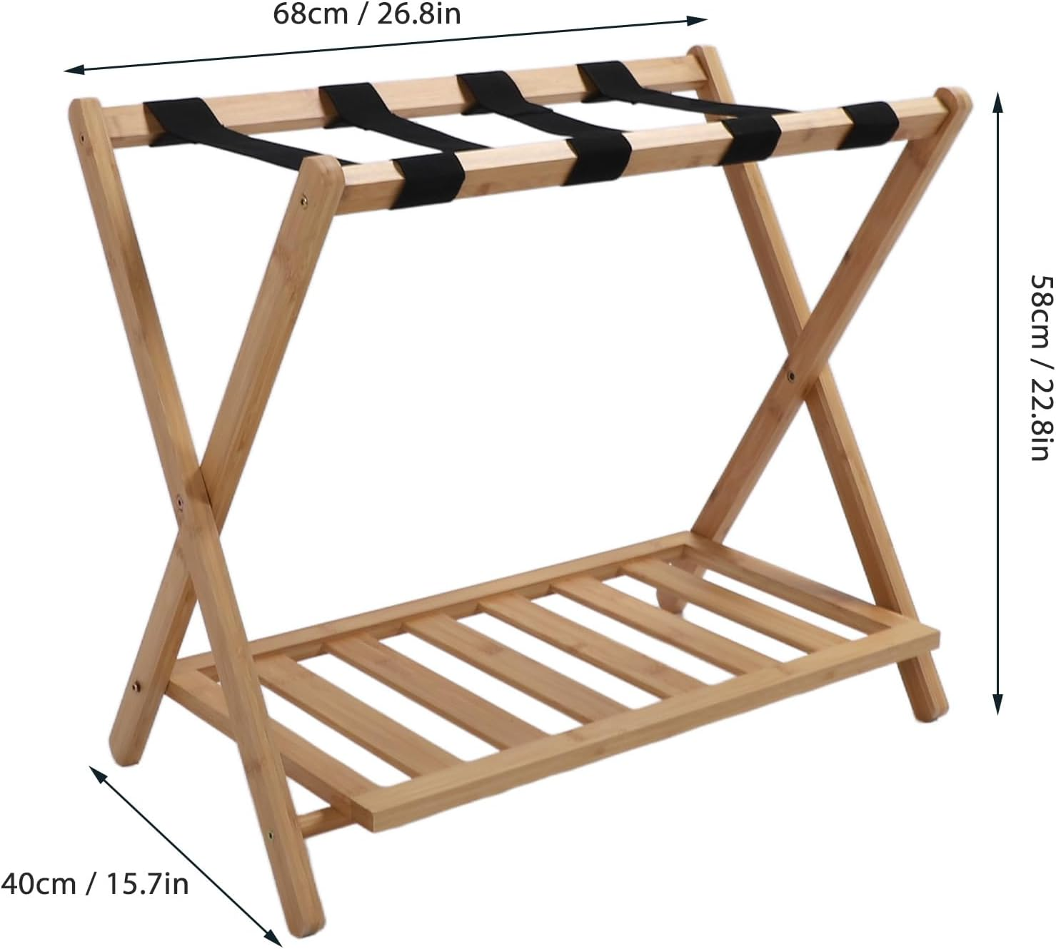 Foldable Luggage Rack, Bamboo Folding Luggage Rack with Lower Storage Shelf, 4 Heavy Duty Straps Folding Suitcase Stand, Ideal for Bedroom, Hotel image number 4