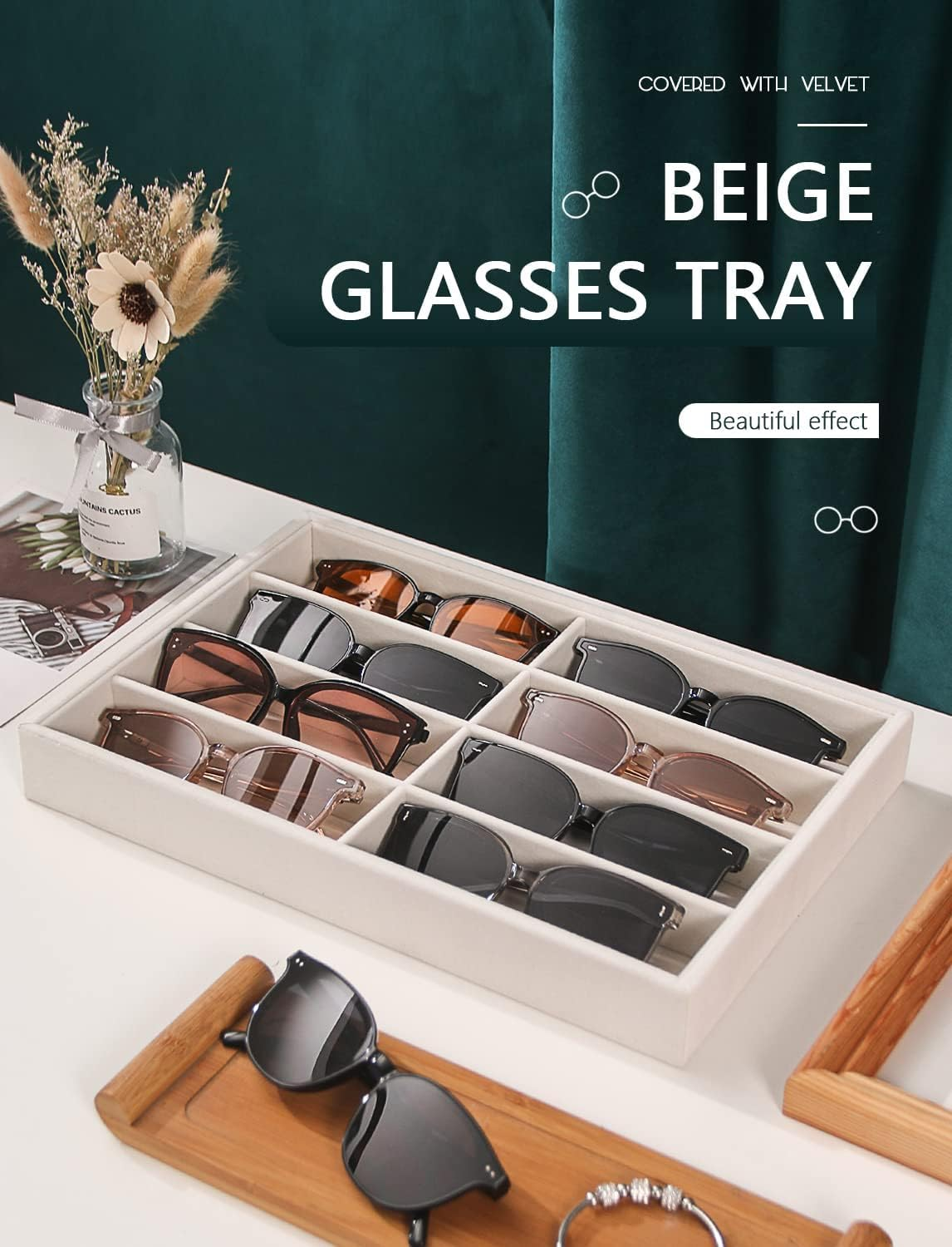 Sunglass Organizer Tray, Beige Velvet Glasses Trays, Eyeglasses Watches Jewelry Display Organizer Tray Box for Men Women (8 Grids Beige) image number 5