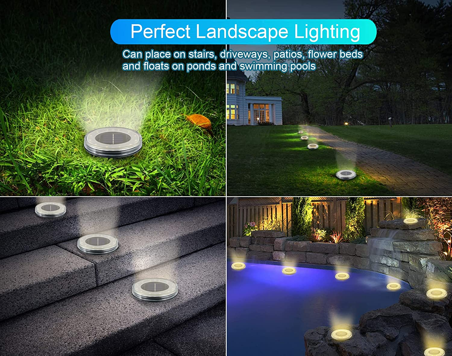 Outdoor Solar Light Ground 4Pcs 12 Leds Disk Lamp Wireless Waterproof for Path Gargen Landscape Lighting with 4 Spike (Warm Light)