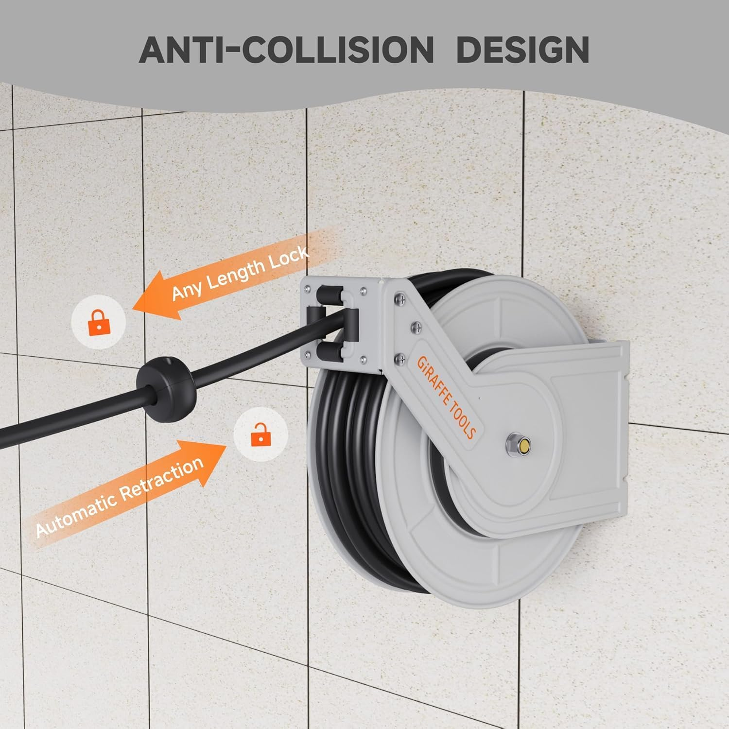 Giraffe Tools Retractable Pressure Washer Hose Reel, 1/4" X 20 M Heavy Duty Power Washer Reel, Any Length Lock, Auto Rewind, Wall Mounted, 3200 PSI image number 5