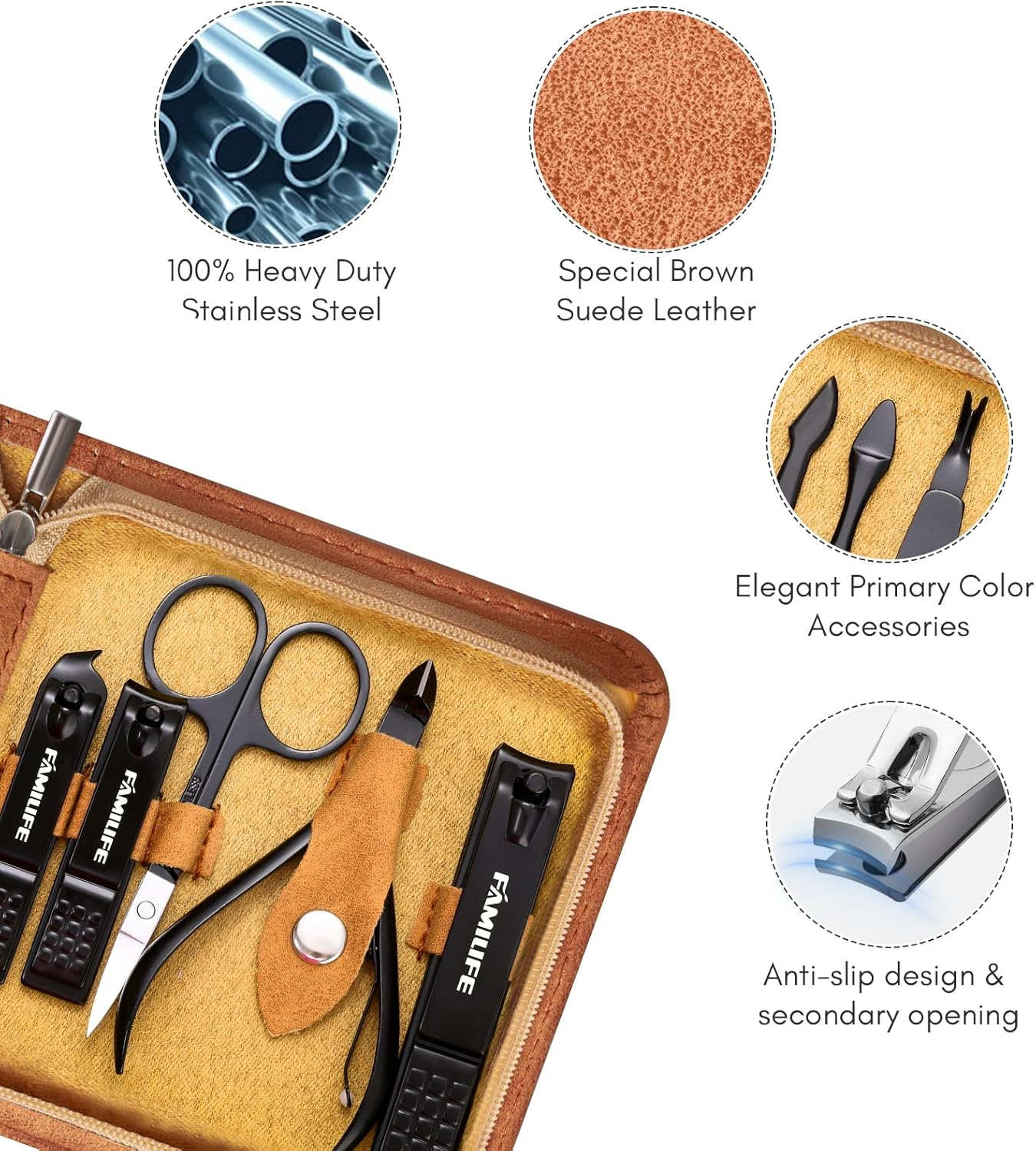 FAMILIFE Manicure Set, Professional Manicure Kit Nail Clipper Set Stainless Steel Pedicure Tools Kit with Leather Travel Case for Women Girl Men (Brown) - Brown image number 4