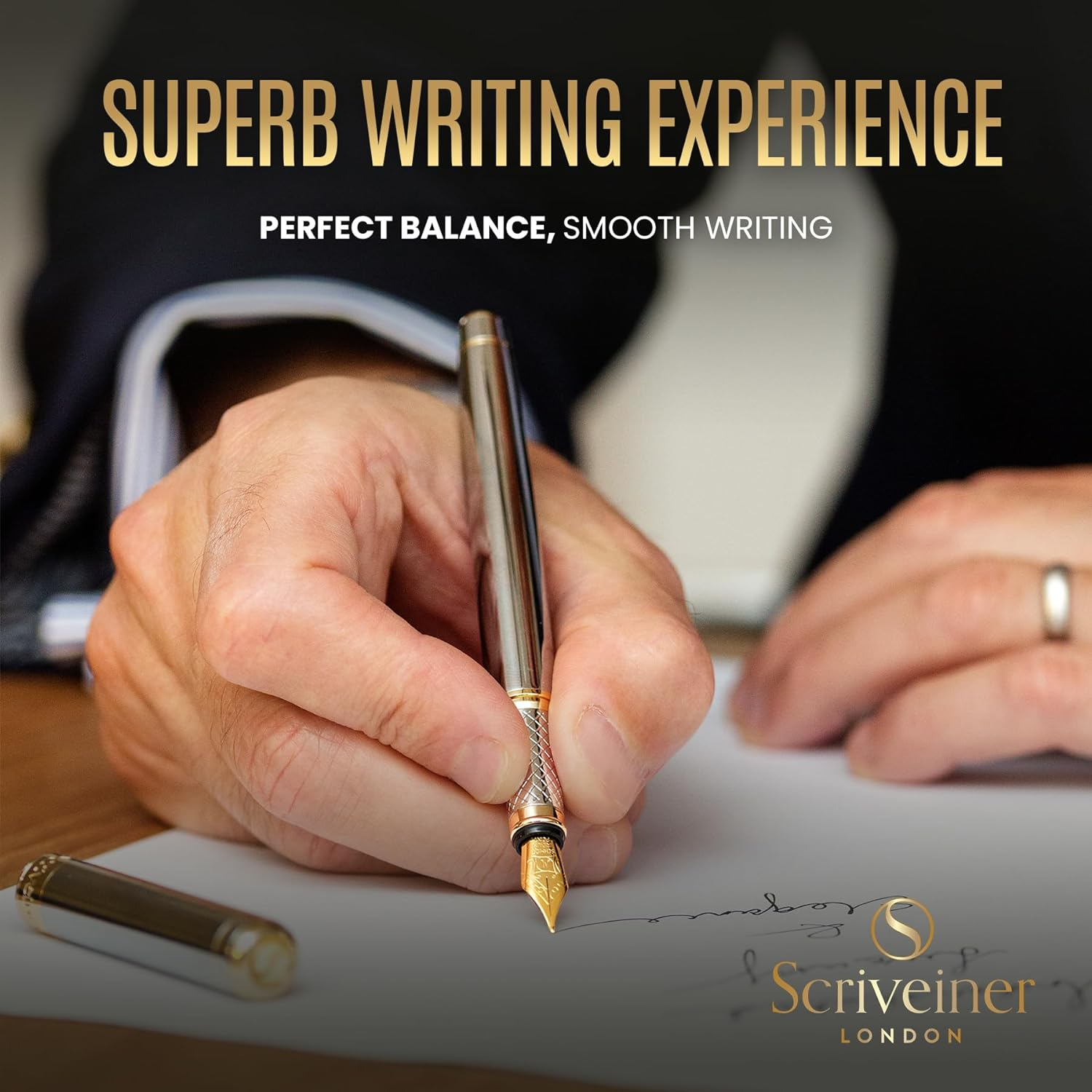 Scriveiner Silver Chrome Fountain Pen - Stunning Luxury Pen, Real Gold Finish Schmidt Gilded Nib (Medium), Best Pen Gift Set for Men & Women, Professional, Executive Office, Nice Pens - Silver Chrome With Gold image number 2