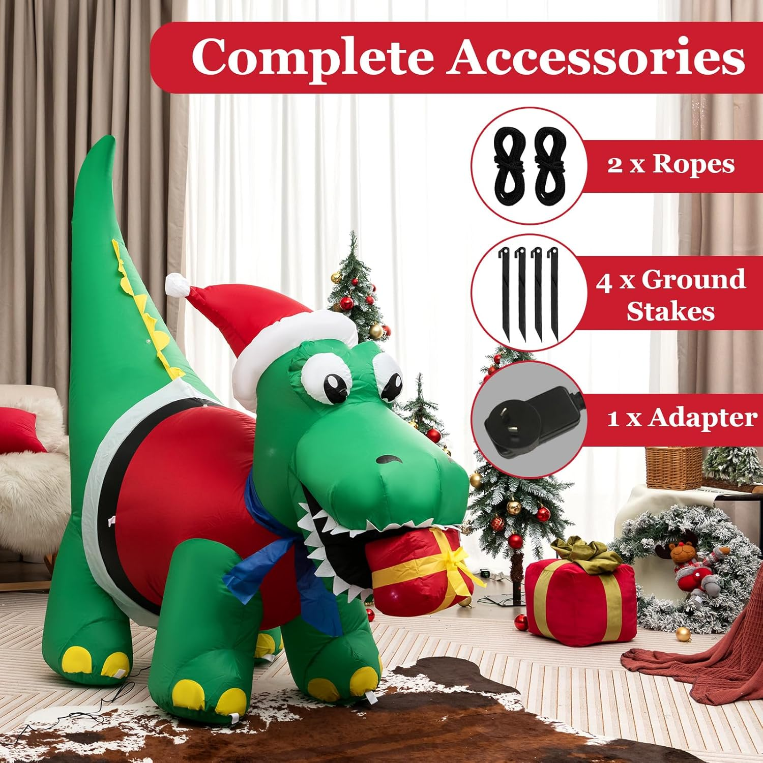 Costway 1.83M Christmas Inflatable Dinosaur, Inflatable Christmas Decoration with LED Lights, Gift Box & Waterproof Blower, Tall Indoor Outdoor Holiday Decoration for Yard, Party, Lawn image number 4