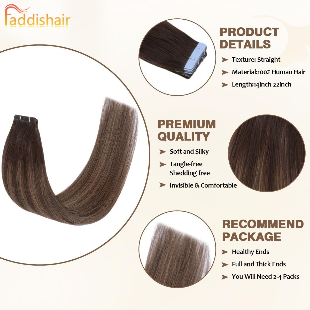 Tape in Hair Extensions Human Hair 16 Inches Balayage D.Brown to Golden Brown 20Pcs 50G/Pack Straight Seamless Weft Skin (Balayage D.Brown to Golden Brown) image number 5