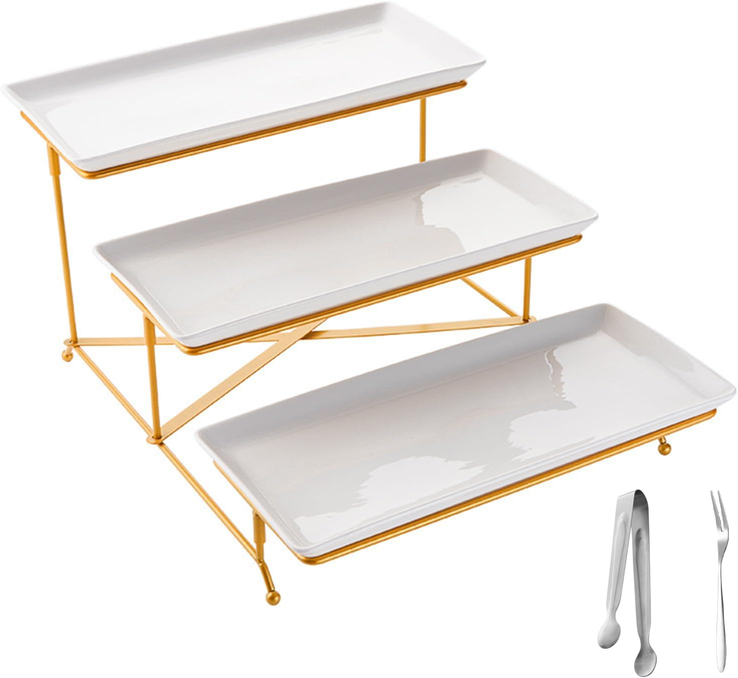 Top G 3 Tier Serving Tray with Stand,Cake Stands Porcelain Tiered Serving Platters Dishes with Collapsible Sturdier Rack, Dessert Display Stand for Party Entertaining, Food Presentation, Gold,14Inch image number 3