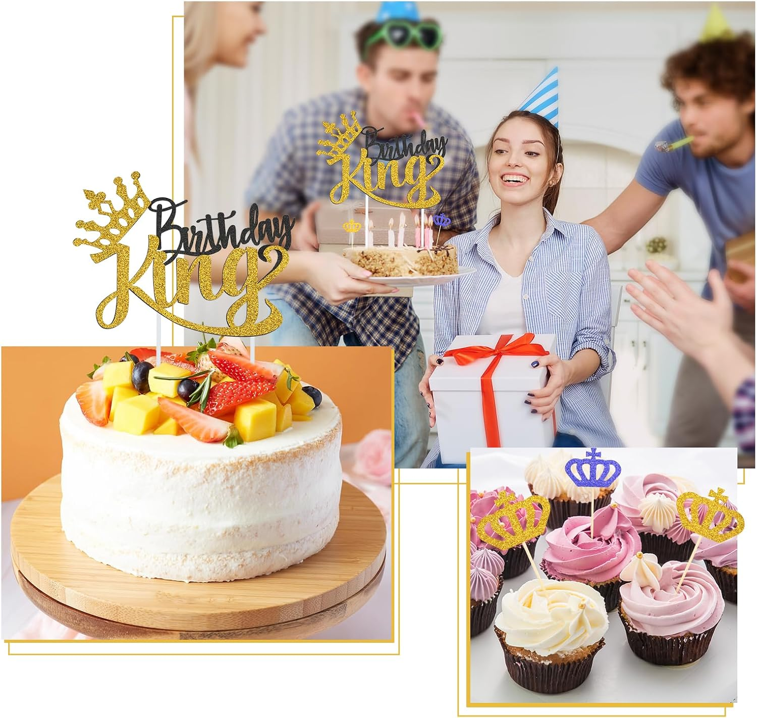 Birthday King Cake Topper,Glitter Blue Crown Cupcake Toppers Glitter for King Prince Theme Baby Shower Boys Birthday Party Prince Birthday Boy Cake Decorations （Gold and Blue）