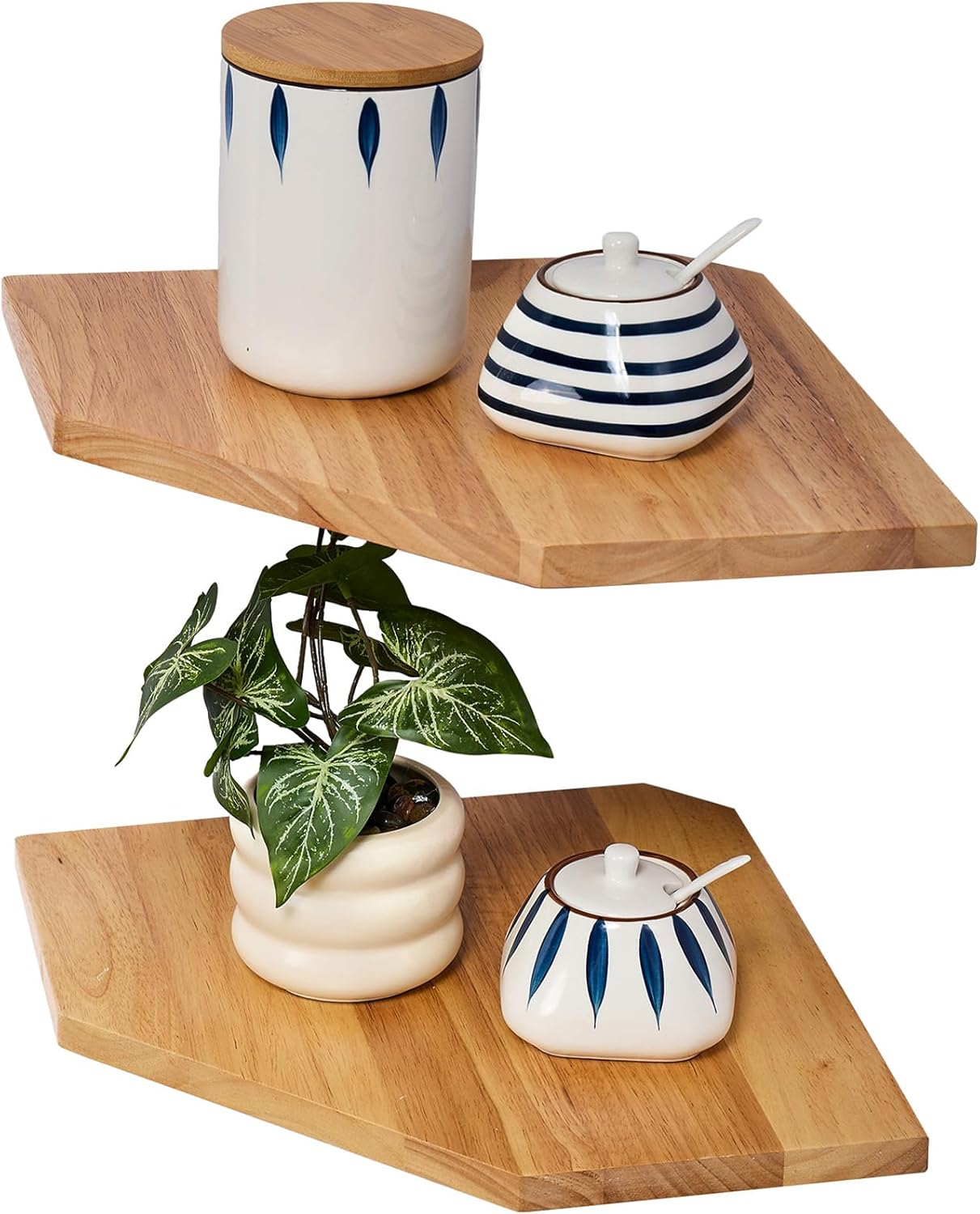 Corner Shelf, White Floating Corner Shelf, Set of 2 16Inch Solid Oak Wood Corner Wall Shelves, round End Wall Mount Display Shelf with Wire Hole for Small Plant for Bedroom Kitchen, Living Room