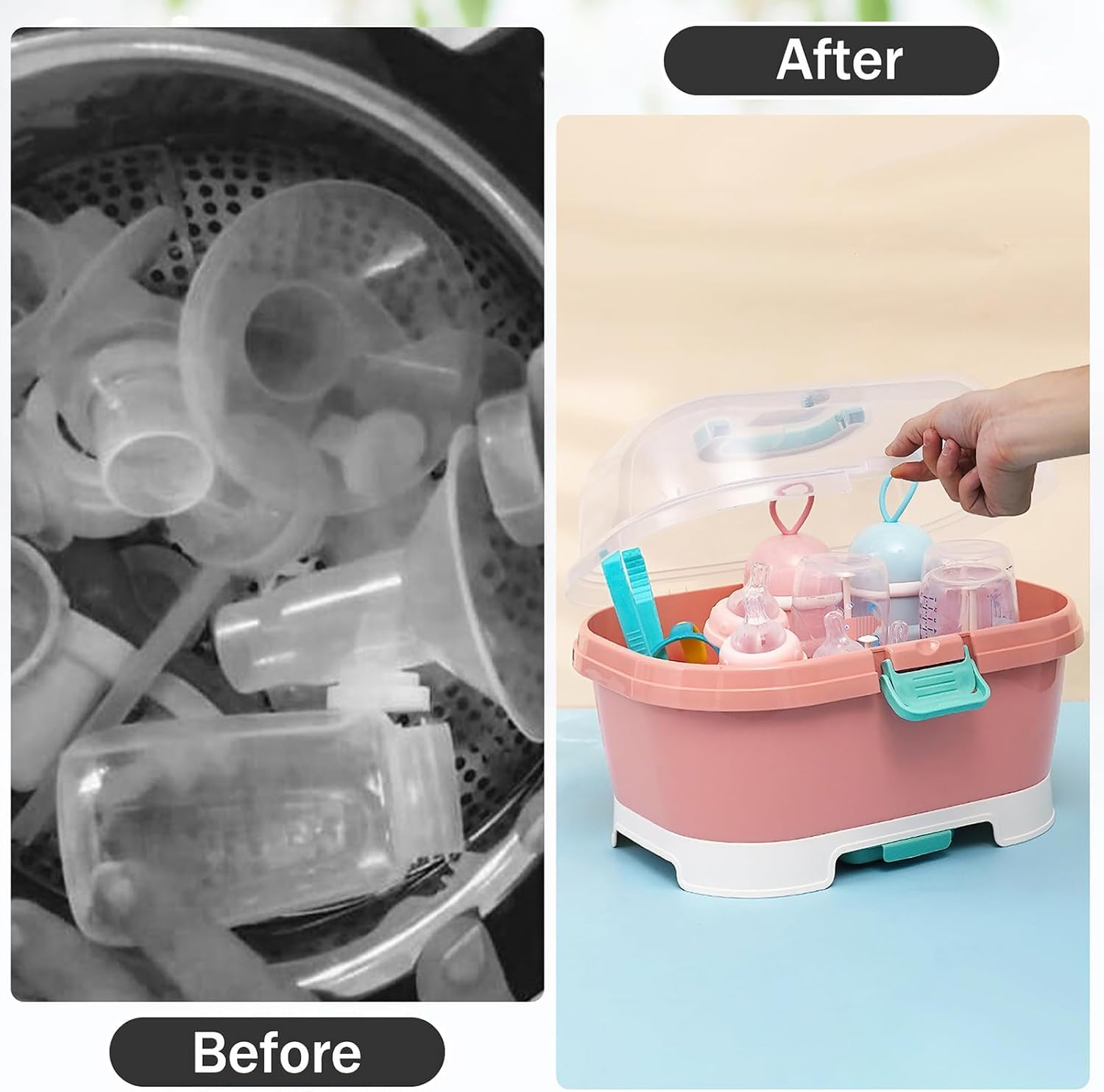 Baby Bottle Holder, Portable Large Capacity Toddler Bottles Storage Box with Lid Cover Anti-Dust Protection and Cutlery Storage Baby Bottle Drying Rack for Baby at Home Kitchen Travel Outdoors (Pink)