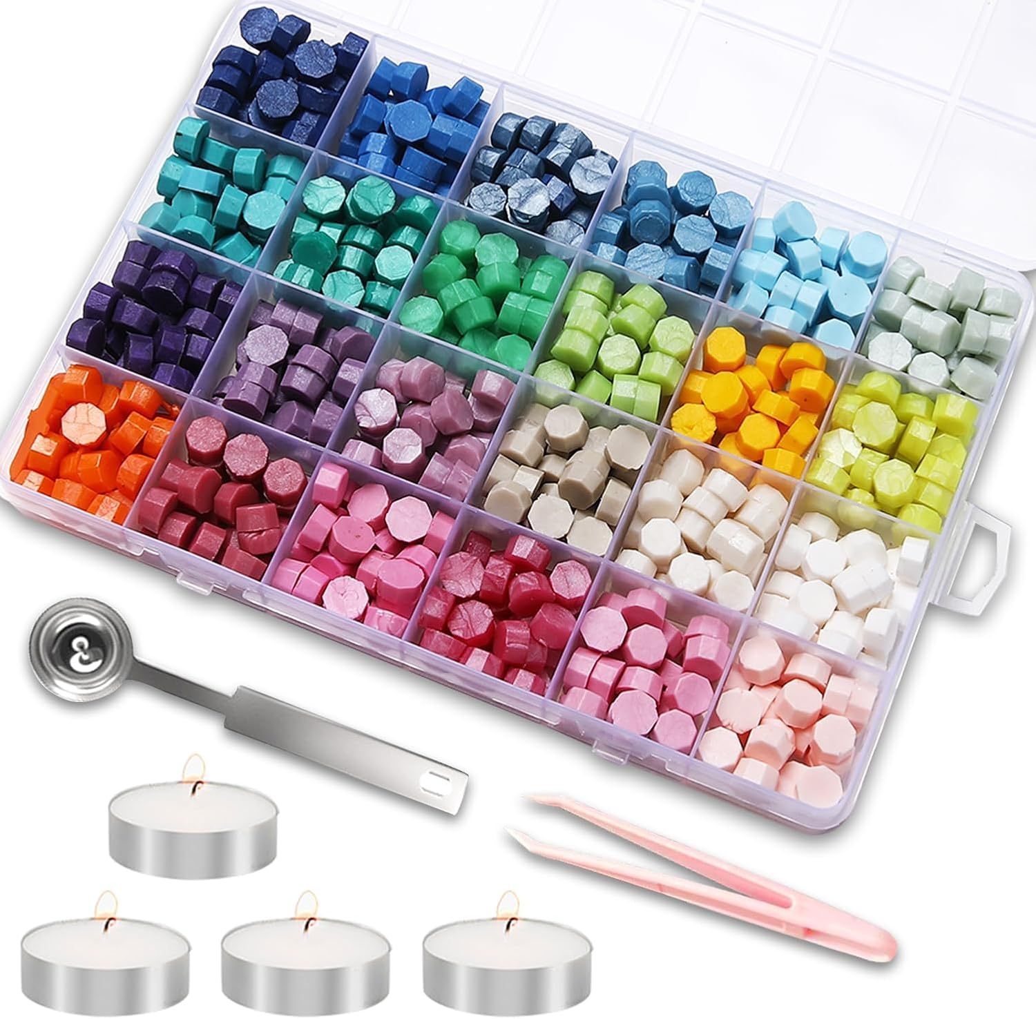 630PCS Sealing Wax Beads Set, 24 Color Beads with Wax Spoon, Tea Candles, Tweezer for Envelope Seals, Invitations, Letters, and DIY Crafts (#01)